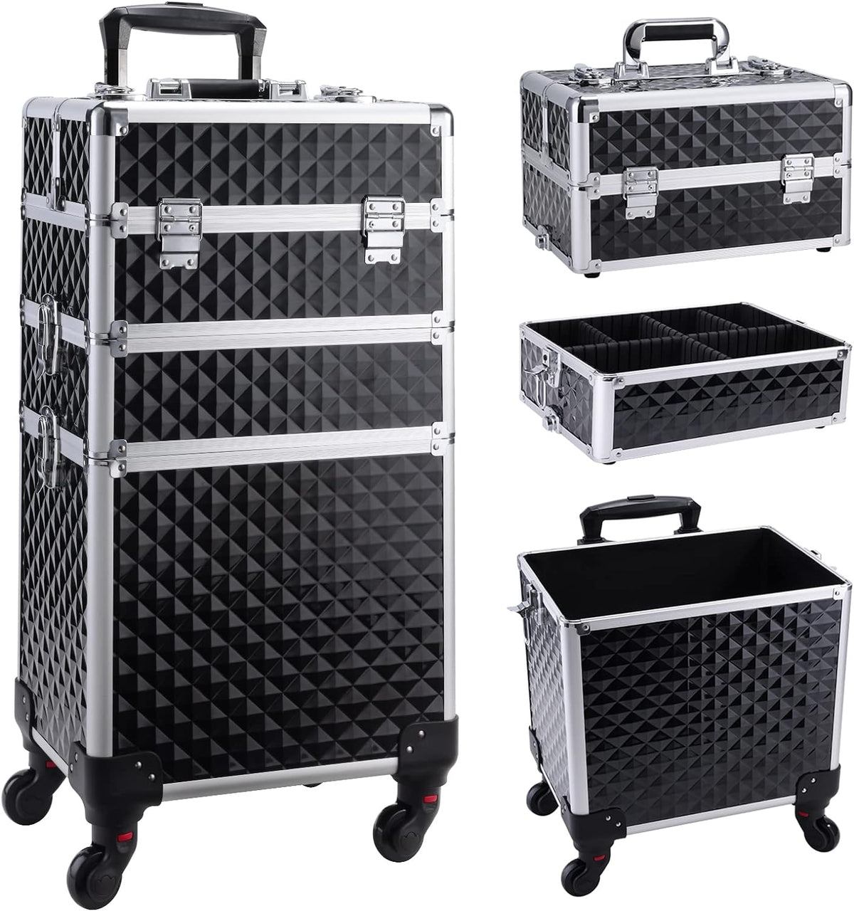 3 in 1 Rolling Makeup Train Case Professional Cosmetic Trolley Large Storage with Keys Swivel Wheels Salon Barber Case Traveling Cart Trunk for Make Up Hairstylists Nail Tech