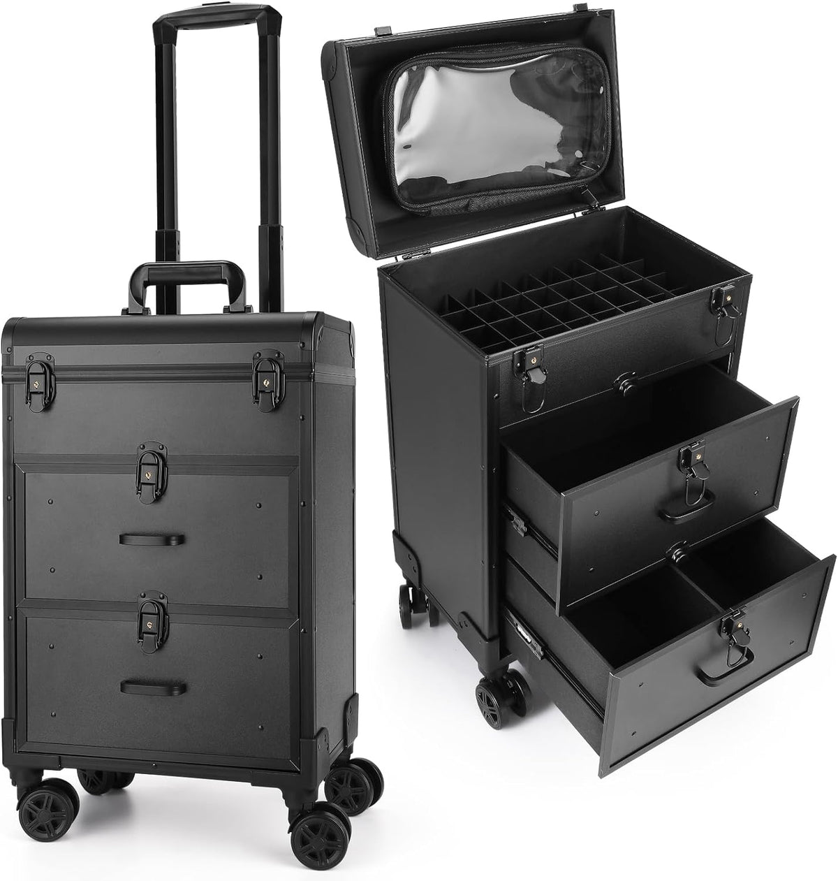 Makeup Train Case, Professional Cosmetology Case on Wheels, Aluminum Cosmetic Trolley Travelling Cart Trunk with Swivel Wheels, Sliding Drawer & Keys for Nail Technician Stylist